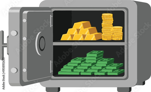 Open grey metal safety deposit box with gold bars coins and stacks of green dollar cash money inside.