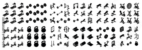 Fitness icons with treadmill dumbbell kettlebell outline