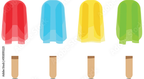 Colorful Ice Popsicles Set with Red Blue Yellow and Green Frozen Ice Cream Bars Isolated on White Background Vector Illustration