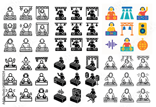 Music icons with dj decks and speaker colorful flat