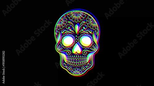 Intricately detailed sugar skull with ornate floral patterns and a small cross on the forehead, featuring a vibrant digital glitch effect on a solid black background.