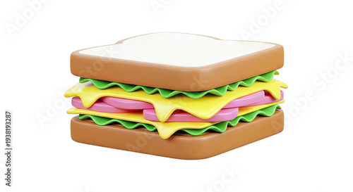 3D Cartoon Sandwich with Ham, Cheese, and Lettuce