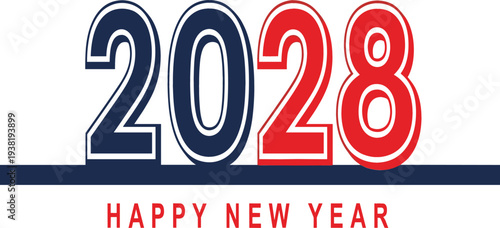 Modern twenty twenty eight happy new year typography banner with bold blue and red numbers for annual holiday celebrations.