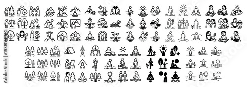 Relaxation icons with yoga person nature outline