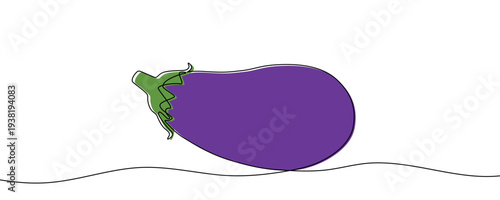 Eggplant in one line art style. Minimalist drawing of the vegetable, made by a continuous line. The main part is colored purple, and the stem is green. Vector illustration.