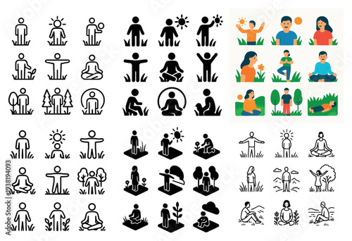 Wellness icons with yoga person sun minimal