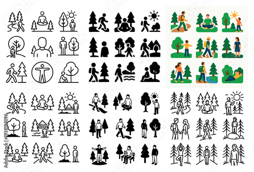 Outdoor icons with person tree walk flat