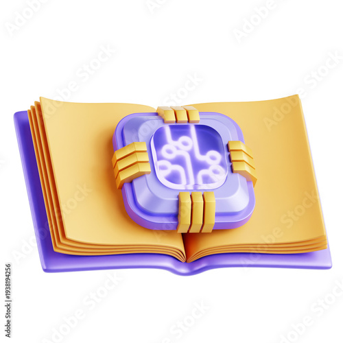 3D render of an open book with a glowing AI microchip resting on its pages, symbolizing artificial intelligence in education, machine learning knowledge 