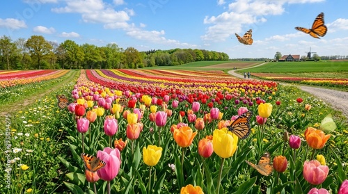 Photography Vibrant spring tulip field bursting with colorful blossoms in full bloom orange
