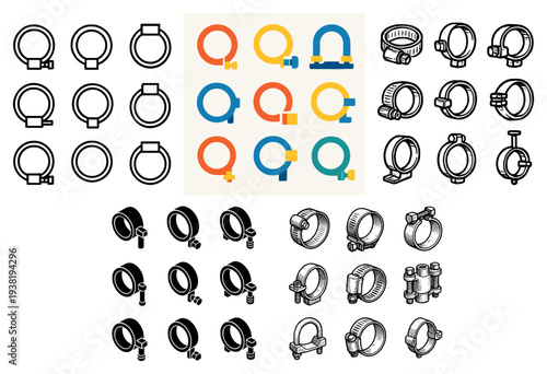 Hardware icons with clamp screw ring outline
