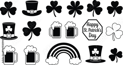 Saint Patricks Day icon set with shamrock clover leprechaun hat beer mug rainbow lucky Irish holiday celebration vector illustration