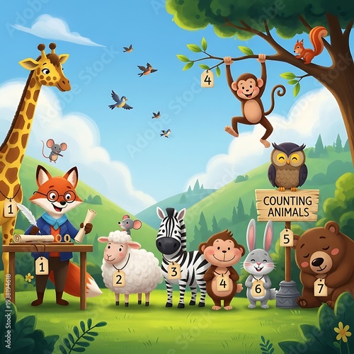 Cartoon animals learning to count numbers in a cheerful forest meadow