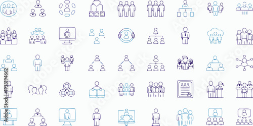 Collection of blue line icons depicting various group and individual scenes