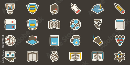 Colorful flat icons representing education learning and academic subjects