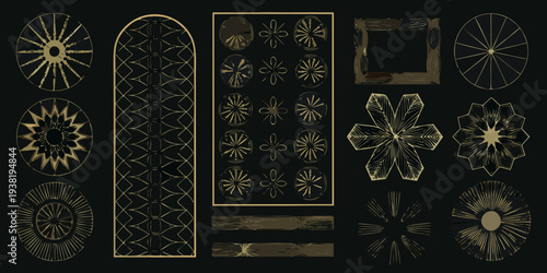 Geometric gold patterns and floral designs arranged on a black background
