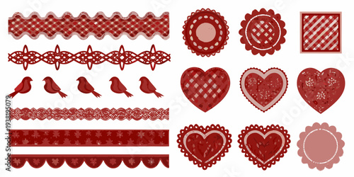 Collection of red gingham and floral patterned decorative elements