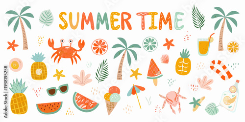 A colorful summer illustration featuring tropical fruits sea creatures and decorations