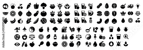 Food icons with fruit and drink flat