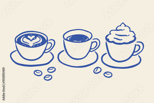 Coffee cups set naive outline sketch vector illustration