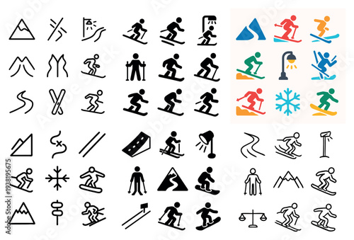 Winter sports icons with skier mountain snowboard minimal