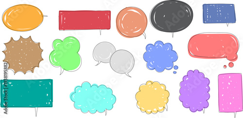 手書き風のカラフルな吹き出しベクター素材セット ゆるい線と塗りムラが可愛いアナログ感のあるフレーム詰め合わせ ポップなSNS投稿や教育用バナー向けの装飾デザイン集