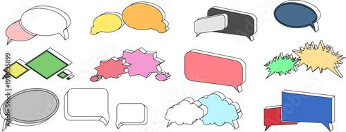 立体的なアイソメトリック吹き出しのベクター素材セット 厚みのあるカラフルな3D吹き出し枠とダイアログボックス詰め合わせ ビジネスインフォグラフィックやWebデザインに最適なモダンなあしらい素材集
