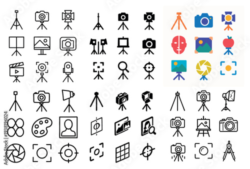 Photography icons with camera tripod studio outline