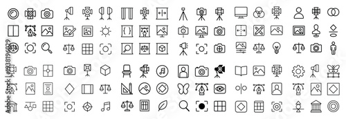 Photography icons with camera lens flash outline