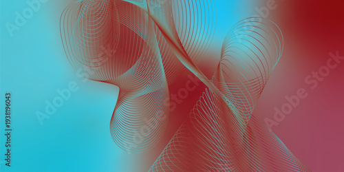 Curved luminous ribbons in azure and maroon sweeping across a deep shadowy backdrop with scattered micro sparkles, modern futuristic tech atmosphere, vector illustration