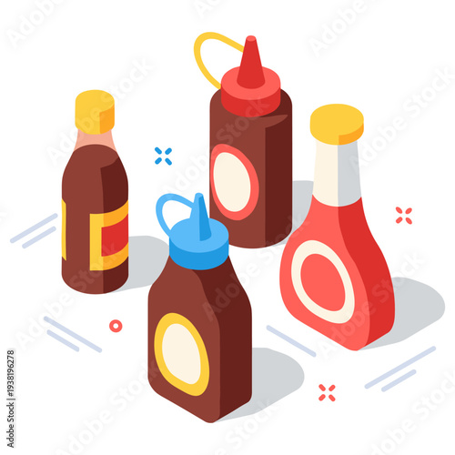 Assorted condiment bottles: sauce, ketchup, mustard in various shapes