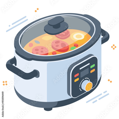 Electric slow cooker with glass lid and control panel cooking soup