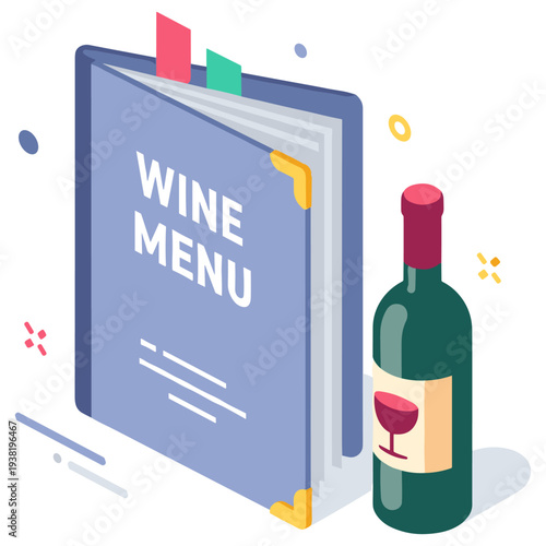 Isometric wine menu and bottle design with colorful markers