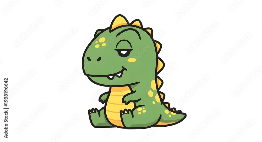 Fototapeta premium Cute Green Dinosaur with Yellow Spots, Sitting and Smirking