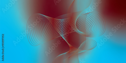Curved luminous ribbons in azure and maroon sweeping across a deep shadowy backdrop with scattered micro sparkles, modern futuristic tech atmosphere, vector illustration