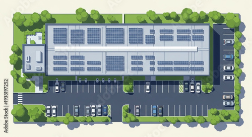 Aerial view of a modern office building with a parking lot.