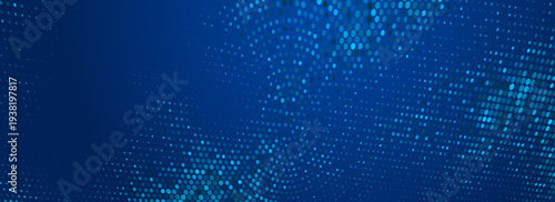 Glowing blue dotted texture. Abstract curved dot grid wallpaper. Circle halftone pattern background. Dark navy backdrop for technology, business, science, healthcare. Retro vector design