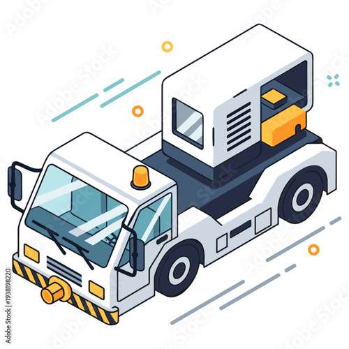 Isometric industrial tug vehicle illustration with orange light and equipment. No editable stroke