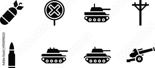 Military silhouette icons, tank and artillery symbols, bomb and bullet graphics, warfare equipment illustration set, defense tools vector art collection