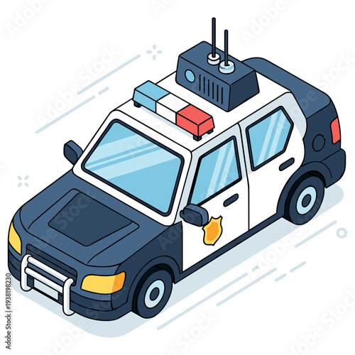 Isometric cartoon police car with blue and red lights illustration. No editable stroke