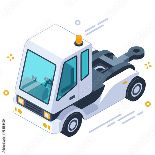 Isometric cartoon tow truck with white cab and blue accents in motion. No editable stroke