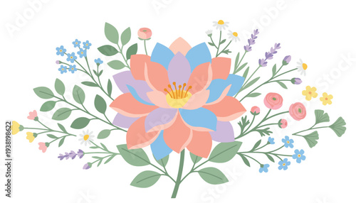 Colorful illustration a bouquet of vibrant flowers and green plants, with a central elegant flower, ideal for delicate decorative designs