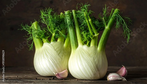 Three bulbs of fennel with green stalks, lying on wood, along with garlic, against a dark brown background