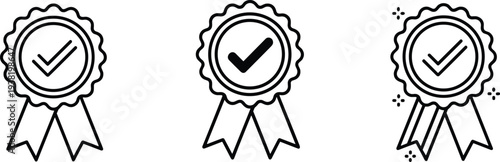 Award ribbon icons, certification and approval symbols, achievement badge vector graphics, quality assurance illustration set, recognition and excellence design collection