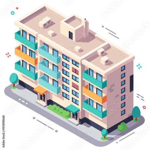 Isometric illustration of a modern apartment building with balconies and trees