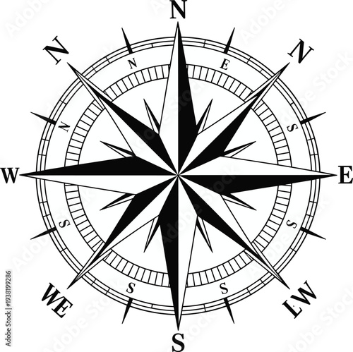 Bild auf Leinwand Detailed Black and White Compass Rose with Cardinal and Intercardinal Directions