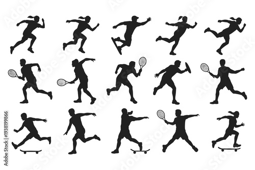 Dynamic Black Silhouettes of Athletes Engaged in Sports on White Keywords: athlete, silhouette, running, jumping, skateboarding