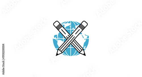 Global writing concept illustration featuring crossed pencils and a globe in a minimalist style