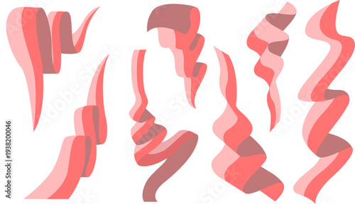 ピンクとコーラルレッドの軽やかなリボンベクター素材セット 柔らかい曲線とうねりが作るフラットな装飾デザイン 春のイベントや美容・ファッション系の広告に最適な可愛らしいあしらい詰め合わせ