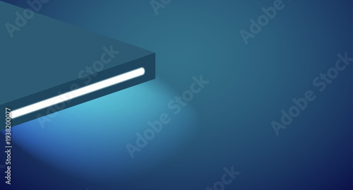 近未来的なブルーのグラデーション背景とアイソメトリックな構造物素材 光が漏れるスタイリッシュなステージ空間とテクノロジーを感じさせる抽象デザイン プレゼン資料やWebヘッダーに最適なモダン背景