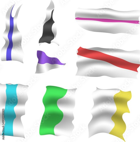 風に波打つカラフルなフラッグとリボンのベクター素材セット 白地に映える8色のラインデザインと布の質感を表現した装飾 応援旗やキャンペーン告知バナーに最適な躍動感のあるあしらい詰め合わせ